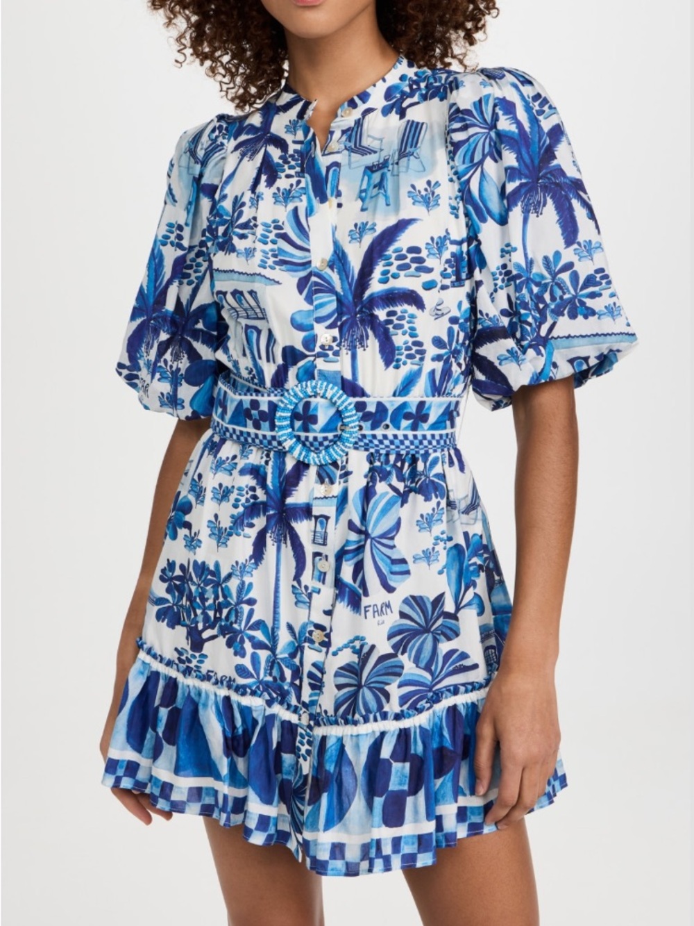 NEW FARM Rio Sweet Rio Mini Dress Tropical Beaded Belt Blue Off White Size L